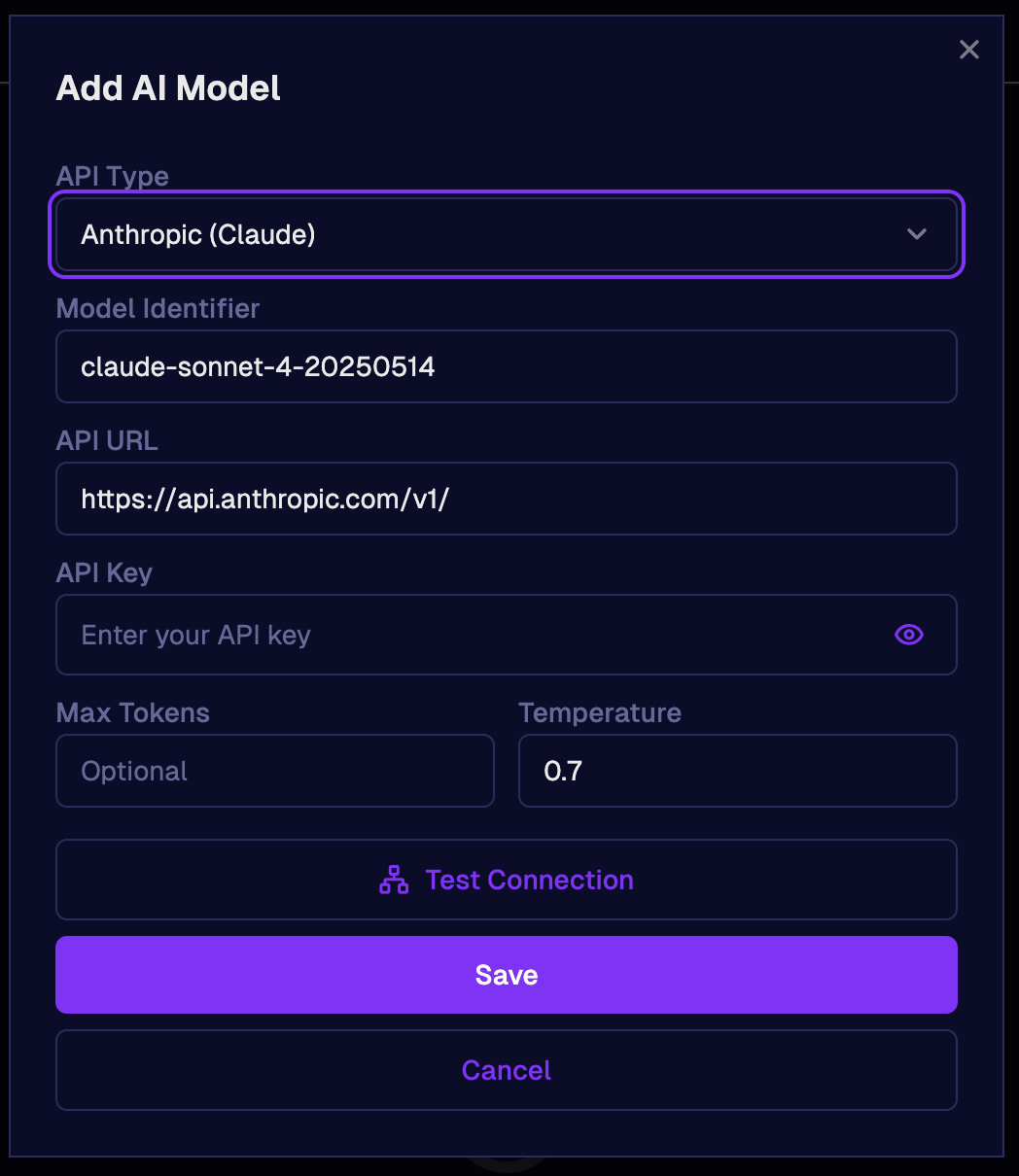 Fewshell dialog for adding an AI model provider such as Claude, OpenAI, or Ollama